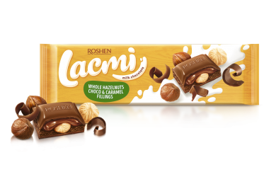 Шоколад молочний Roshen Lacmi з цілими лісовими горіхами і шоколадно-карамельною начинкою 295г